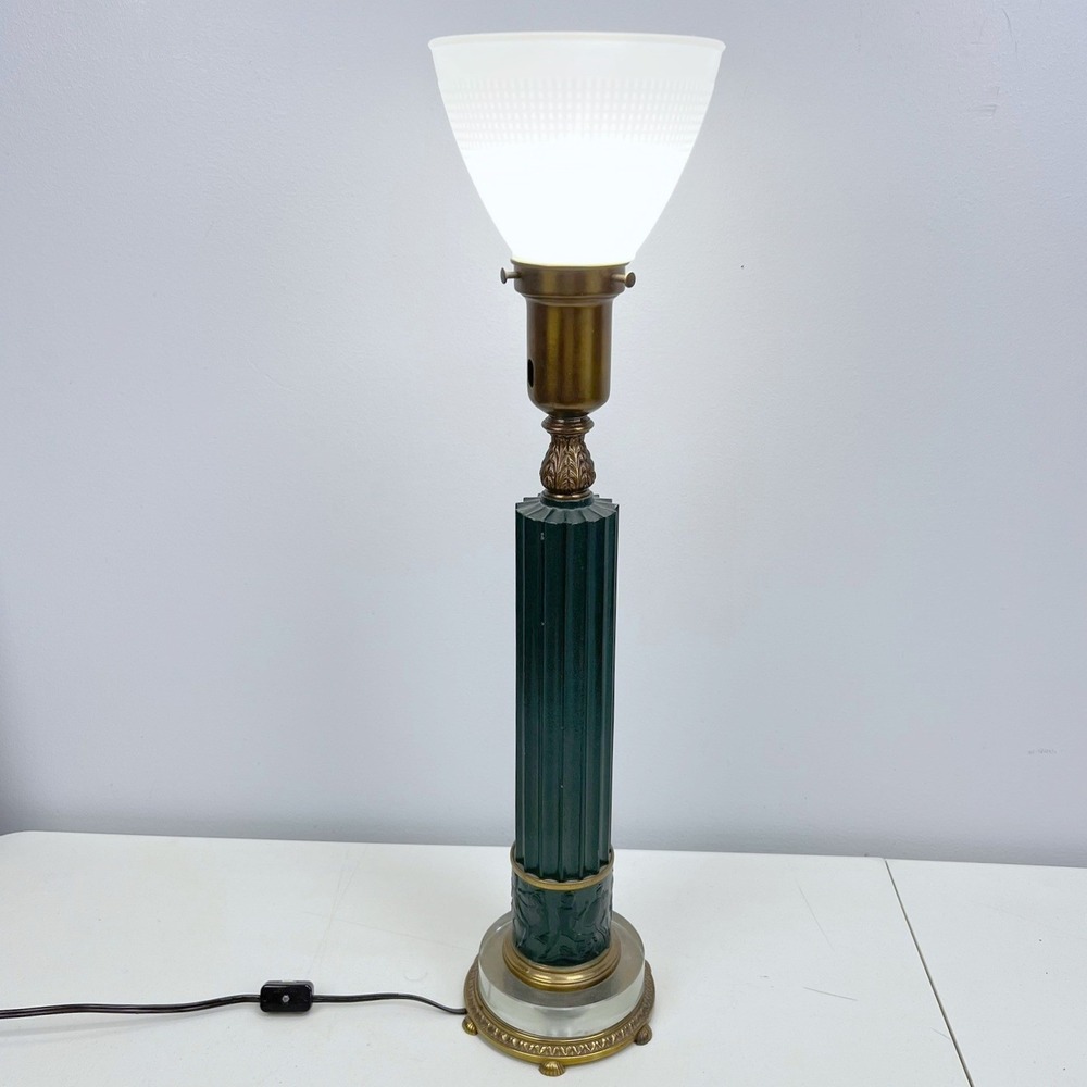 Vintage Roman Revival Art Deco Table Lamp Green Fluted Column Brass Base Leviton